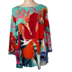 Ali Miles Petite Women PXL Aqua Floral Print 3/4 Sleeve Top Flowy Colorful Artsy